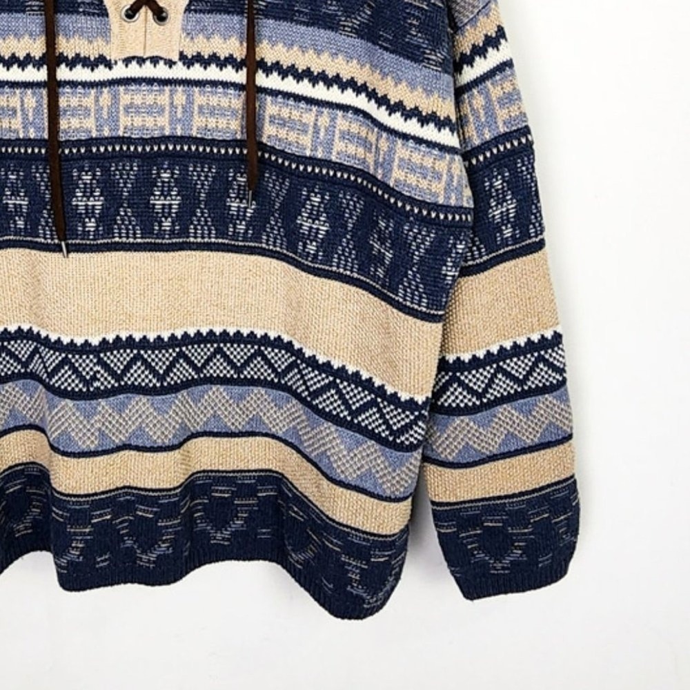 Chaps Women's Tan Blue‎ Geometric Print Lace Up V Neck Sweater PXL - Picture 3 of 7
